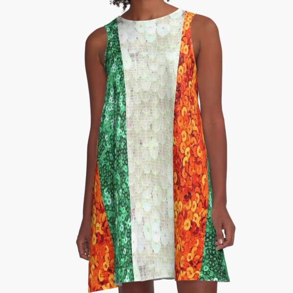 Irish, Tri Color Flag, Ireland, Sequin, Glitter, Look, Green White Orange A-Line Dress