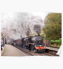 Double headed Stanier "Black Five" locomotives thunder through Hindley station. Poster