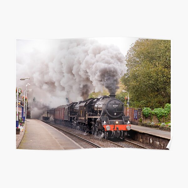 Double headed Stanier "Black Five" locomotives thunder through Hindley station. Poster