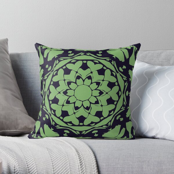 Dark Blue & Green Floral Abstract Mandala Throw Pillow