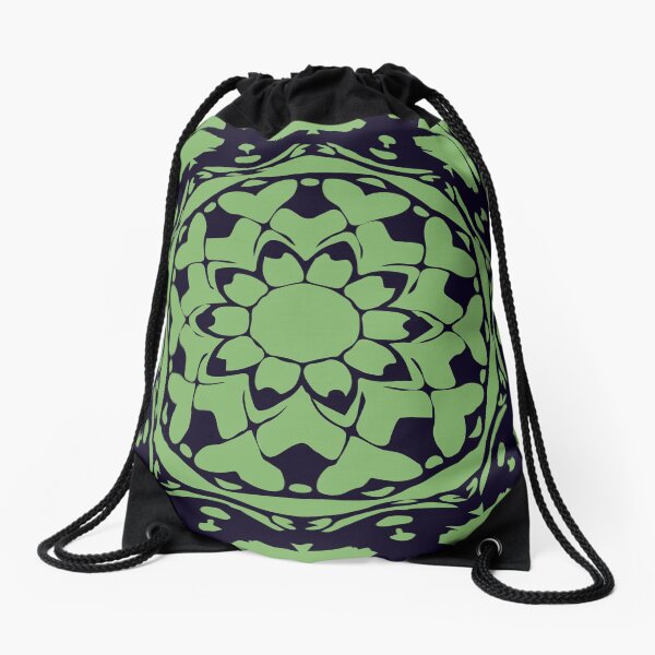 Dark Blue & Green Floral Abstract Mandala Drawstring Bag