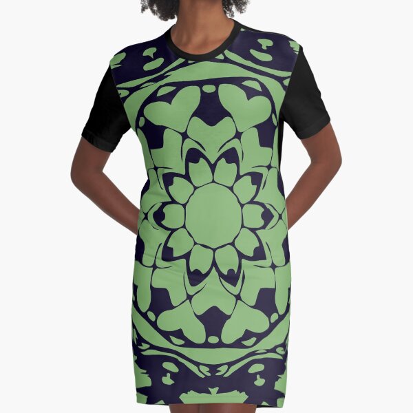 Dark Blue & Green Floral Abstract Mandala Graphic T-Shirt Dress