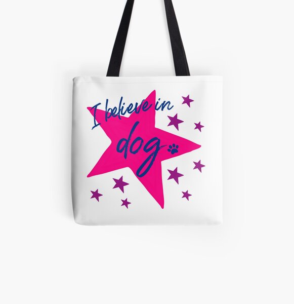 I Believe In Dog Navy, Pink & Violet Star Dog Slogan Gifts for Dog Lovers All Over Print Tote Bag