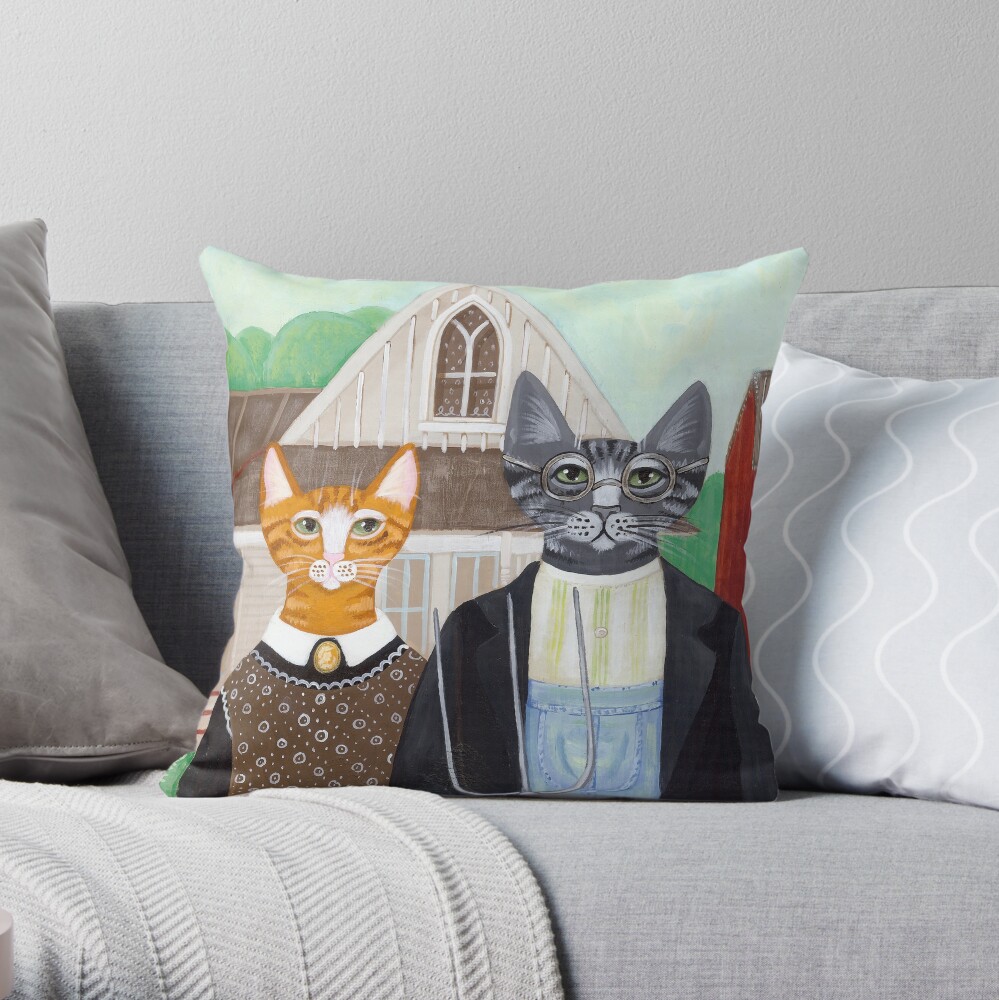 Ameowican Gothic Throw Pillow