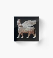 Bloque acrílico Toro alado de cabeza humana. Estatua asiria de lamassu. en negro