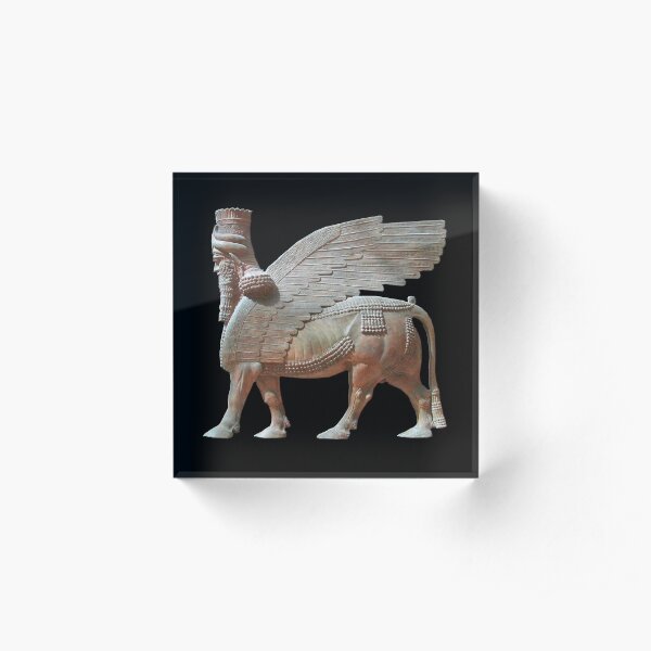 ASSYRIA, ASSYRIAN. Human headed winged bull. Lamassu Statue. On Black. Acrylic Block