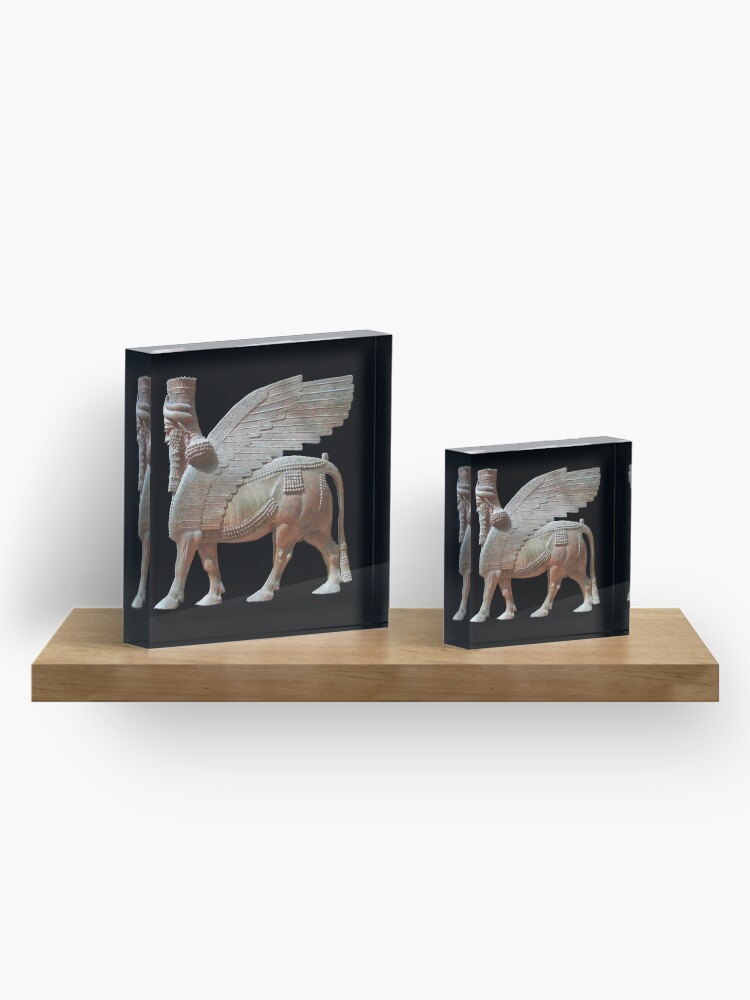 Alternate view of Human-headed winged bull. Assyrian Lamassu Statue. on Black. Acrylic Block