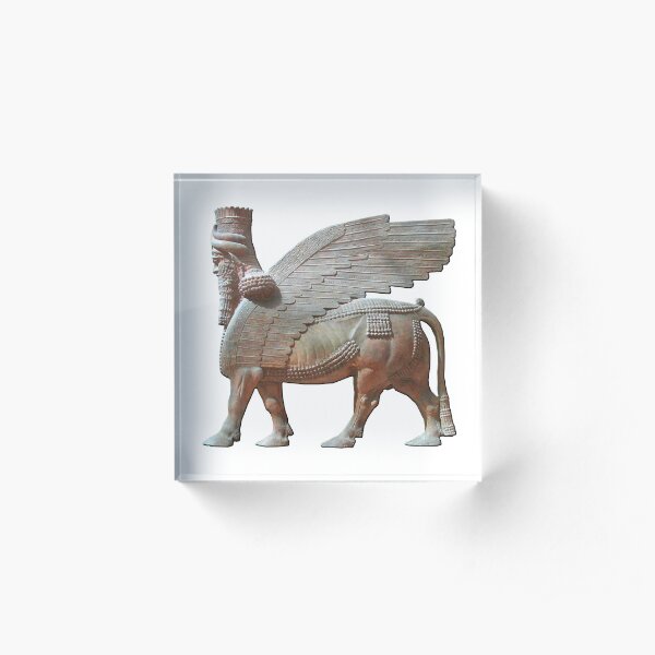 Human-headed winged bull. Assyrian Lamassu Statue. on White. Acrylic Block