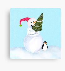 Smiling Snowman With Christmas Tree And Penguin Canvas Print
