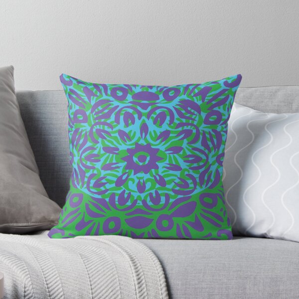 Floral Burst, Light Purple, Turquoise & Green Mandala 12 Throw Pillow