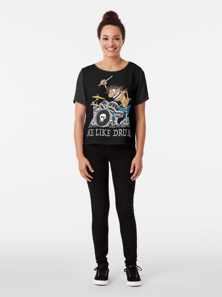 Alternate view of Me Like Drum. Wild Drummer Cartoon Illustration Chiffon Top