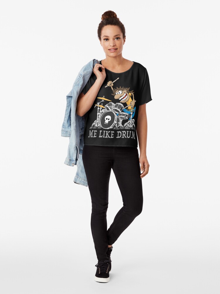 Alternate view of Me Like Drum. Wild Drummer Cartoon Illustration Chiffon Top