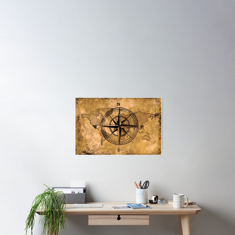 Poster Destinations Rose Des Vents Et Carte Du Monde Par Natureprints Redbubble