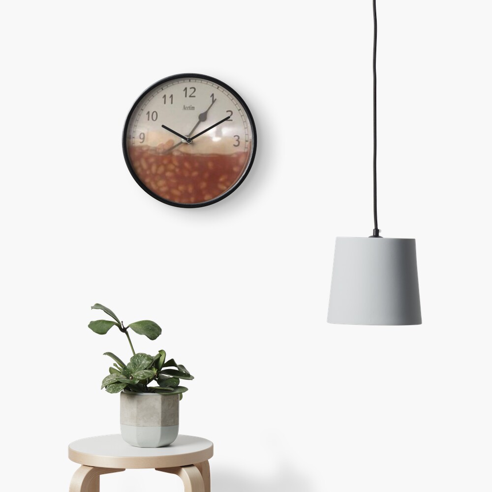 cursed image of baked beans in a clock. Clock