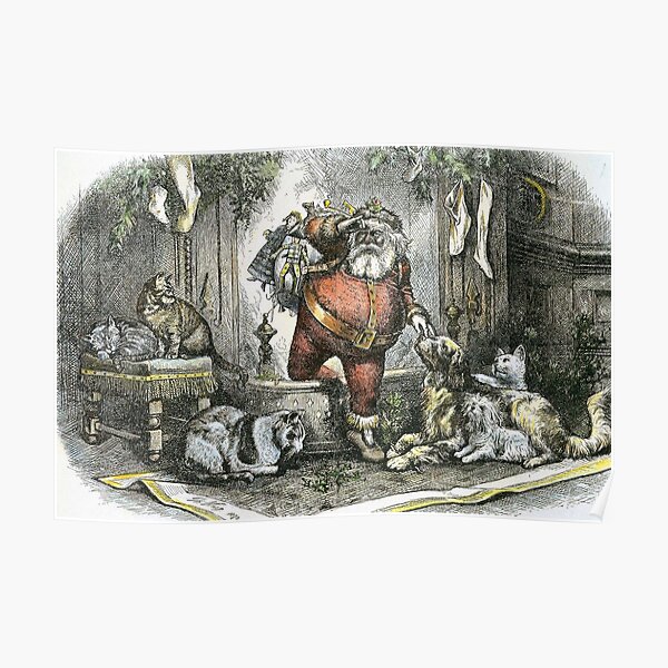 Vintage Santa Claus art with pets Poster