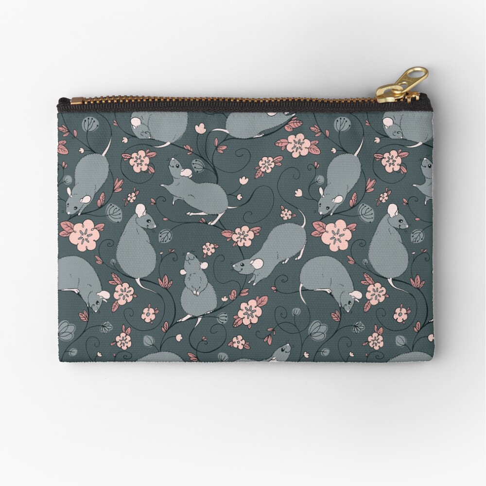 Floral Rat Dark Grey and Pink Zipper Pouch