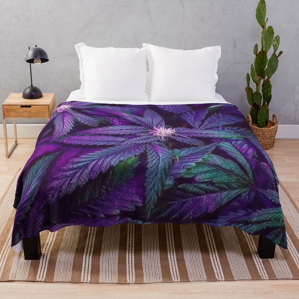 Psychedelic Purple Cannabis Marijuana Weed Pot Leaves Throw Blanket