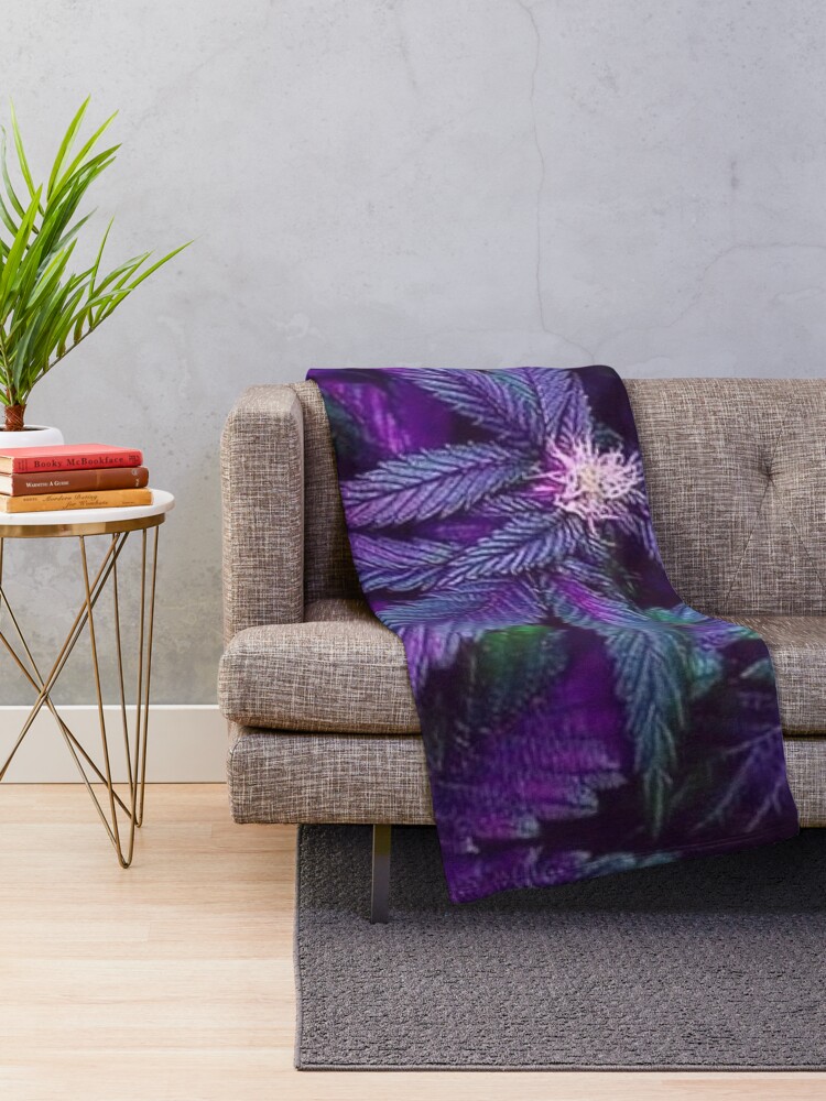 Alternate view of Psychedelic Purple Cannabis Marijuana Weed Pot Leaves Throw Blanket