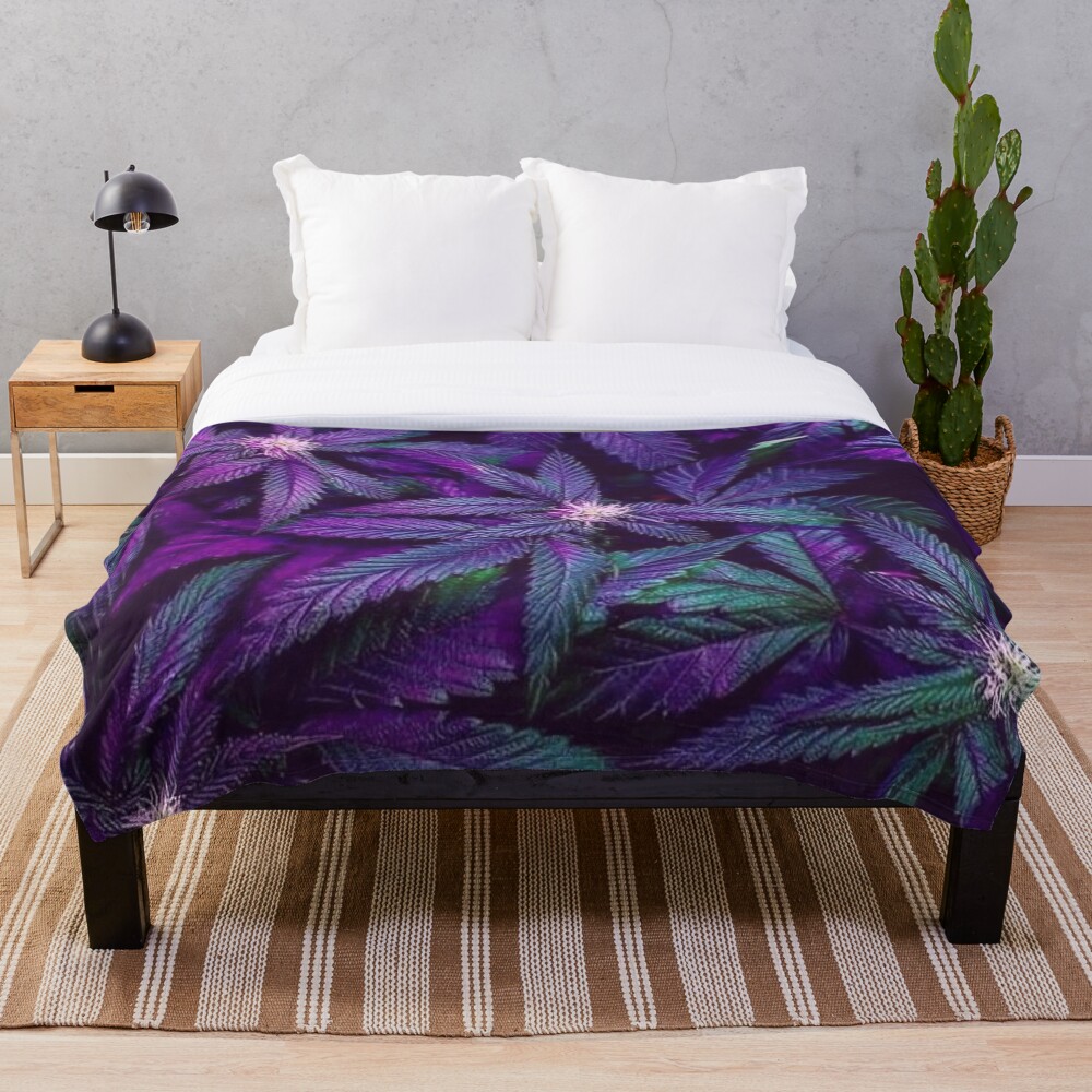 Psychedelic Purple Cannabis Marijuana Weed Pot Leaves Throw Blanket