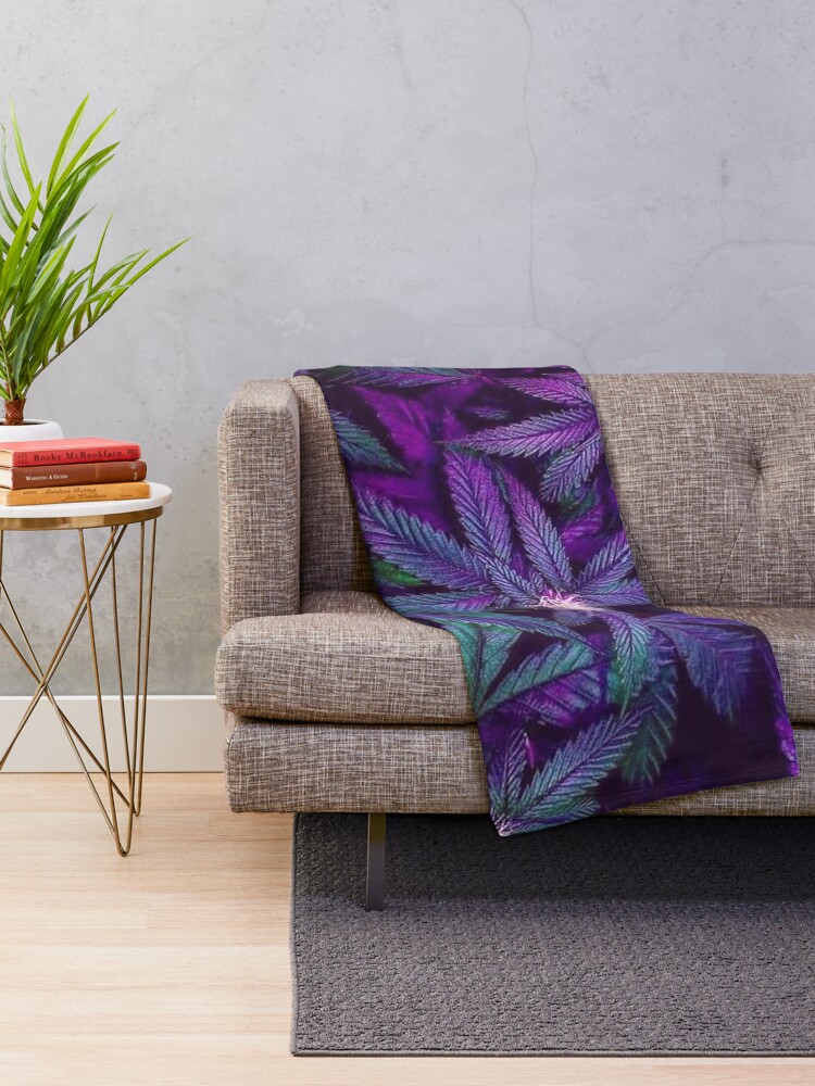 Alternate view of Psychedelic Purple Cannabis Marijuana Weed Pot Leaves Throw Blanket