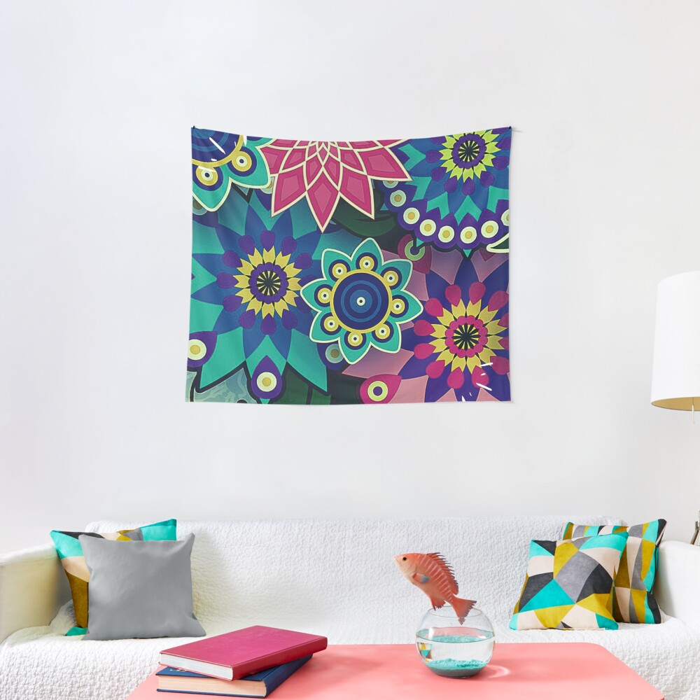 Psychedelic Wildflowers and Kaleidoscopes Print Tapestry