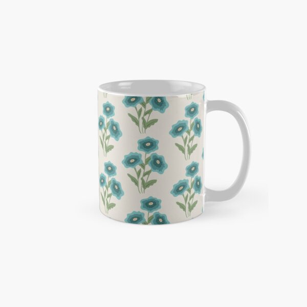 Vista previa del artículo con la obra «Flores azules con hojas verdes sobre fondo floral de color beige», diseñado y vendido por HannaPaulina.