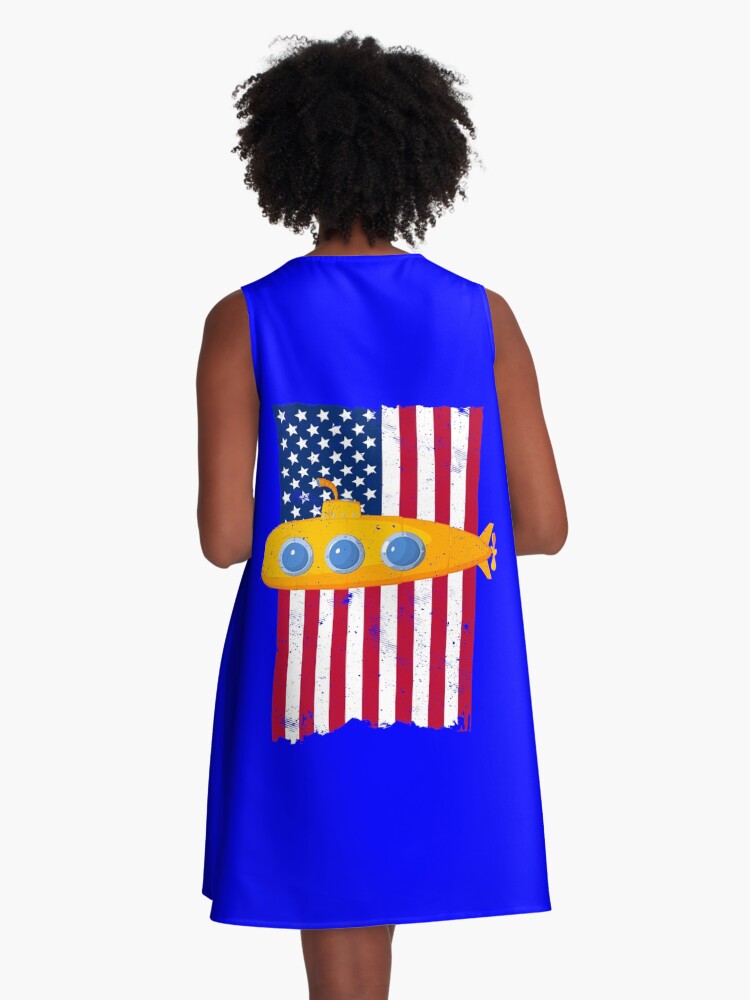 cartoon yellow submarine and weathered distressed American flag A-Line Dress