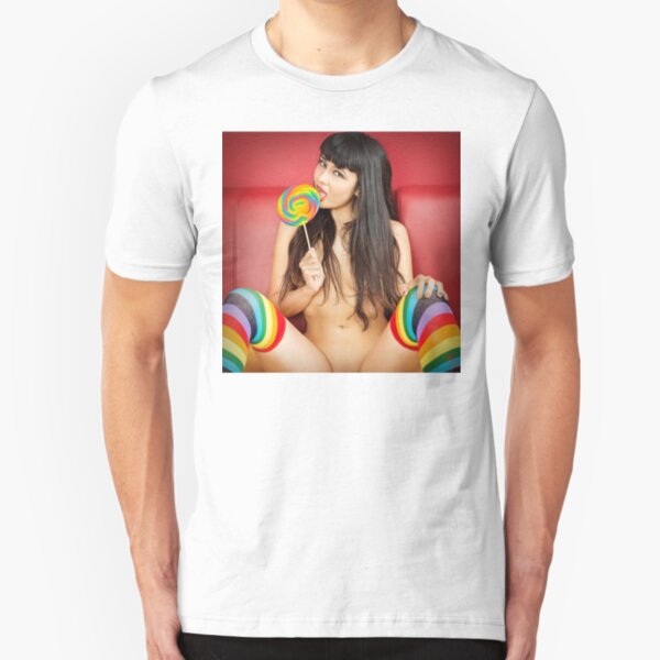 Hot Girl on T-shirt - Pinup Girl - Hot Asian Girl - Adult Actress - Porn Star Sophia Jade in Rainbow Stockings & Lollipop Graphic T-shirt Slim Fit T-Shirt