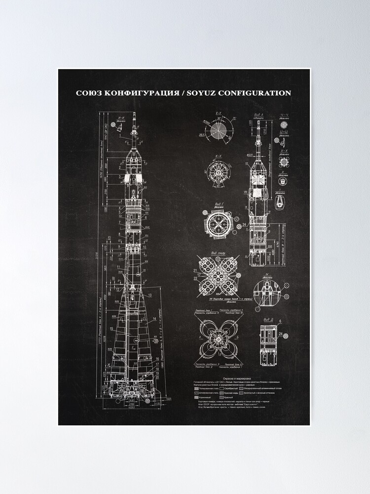 Alternate view of Soyuz Blueprint in High Resolution (black) Poster