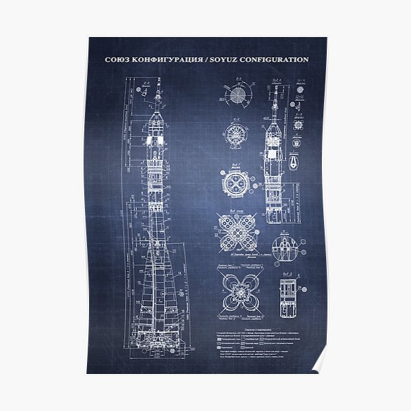 Soyuz Blueprint in High Resolution (dark blue) Poster