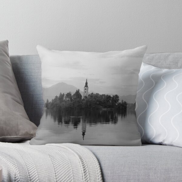Small island with a church in Slovenia, Lake Bled Throw Pillow