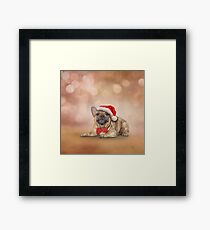 Drawing dog French Bulldog in red hat of Santa Claus Framed Print