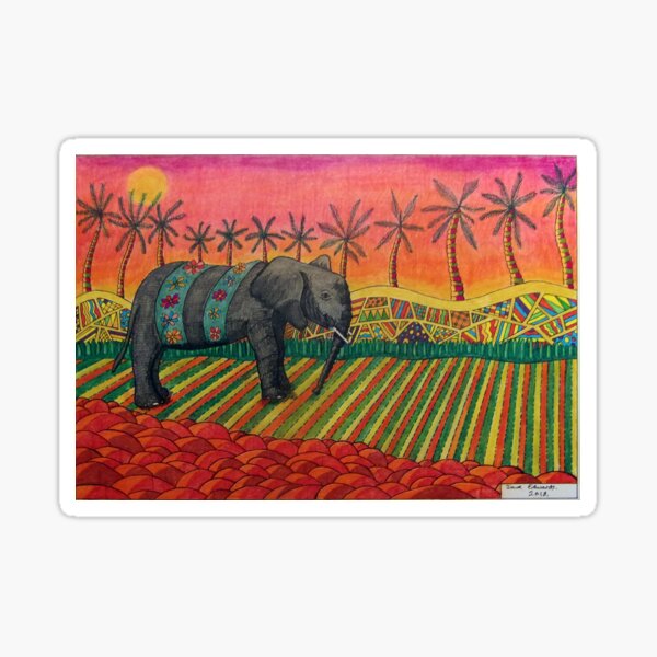 441 - ELEPHANT SUNSET - MIXED MEDIA - DAVE EDWARDS - 2018 Sticker