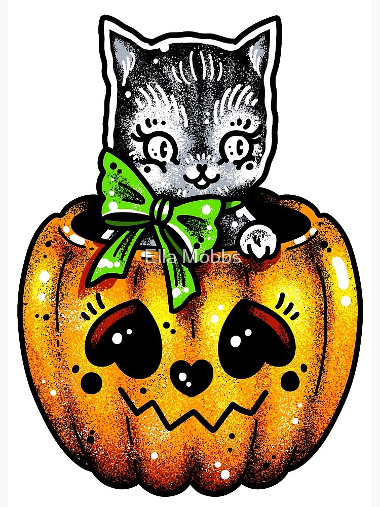 Halloween Pumpkin Cat Tattoo Flash Greeting Card For Sale By Ellamobbs Redbubble