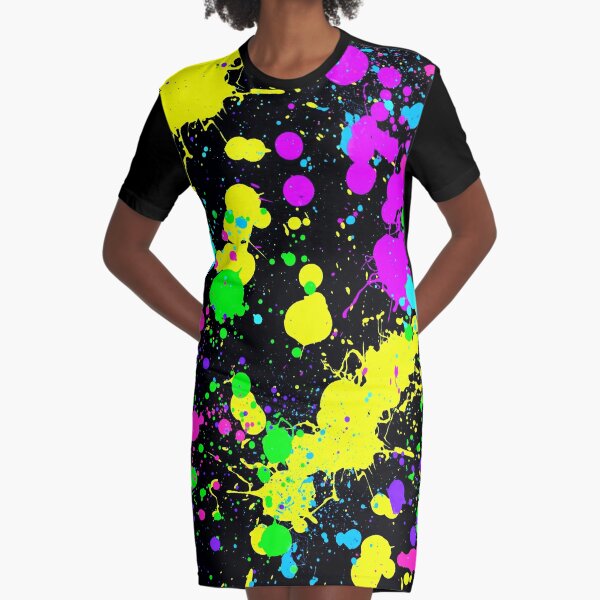 Neon Paint Splatter in Turquoise, Yellow, Pink Green, Blue. Graphic T-Shirt Dress