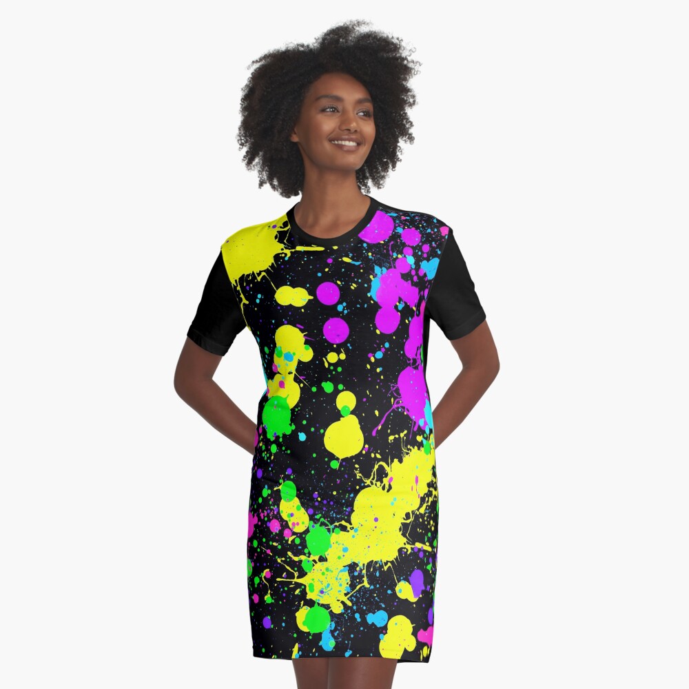 Neon Paint Splatter in Turquoise, Yellow, Green, Blue. Graphic T-Shirt Dress