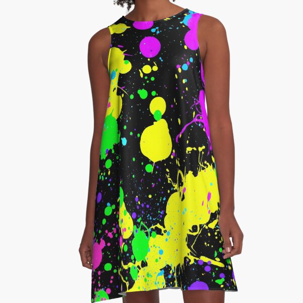 Neon Paint Splatter in Turquoise, Yellow, Pink Green, Blue. A-Line Dress