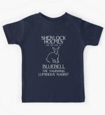 Sherlock Holmes and the case of Bluebell the vanishing luminous rabbit. Kids Tee