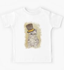 Funny Cute Kitten Cat Sketch Monocle and Top Hat Kids Tee