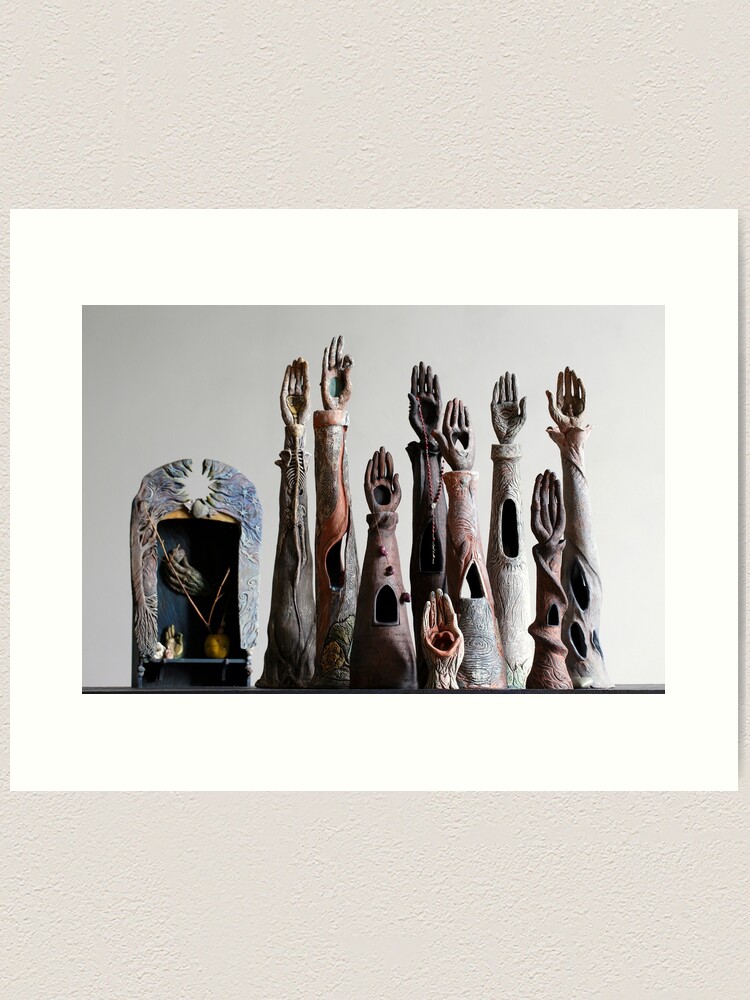Alternate view of “Sacred Sangha” - ceramic reliquaries, shrines & funeraires handbuilt by artist Mona Shiber Art Print