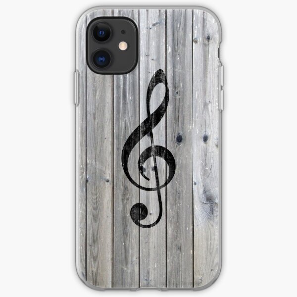 Vintage black music note Treble Clef gray wood iPhone Soft Case