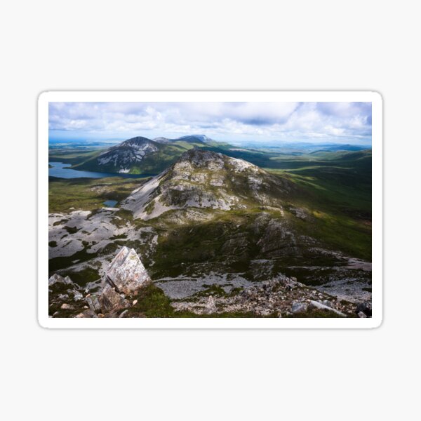 View from the summit of Mount Errigal in the range of Derryveagh Mountains in Glenveagh national park, Donegal, Ireland. Sticker