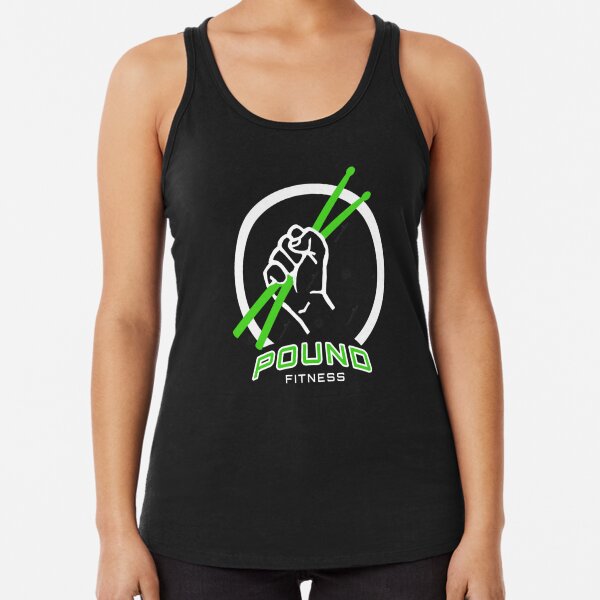 Pound Fitness Graphic Design with Drummer Gripping Drumsticks Racerback Tank Top