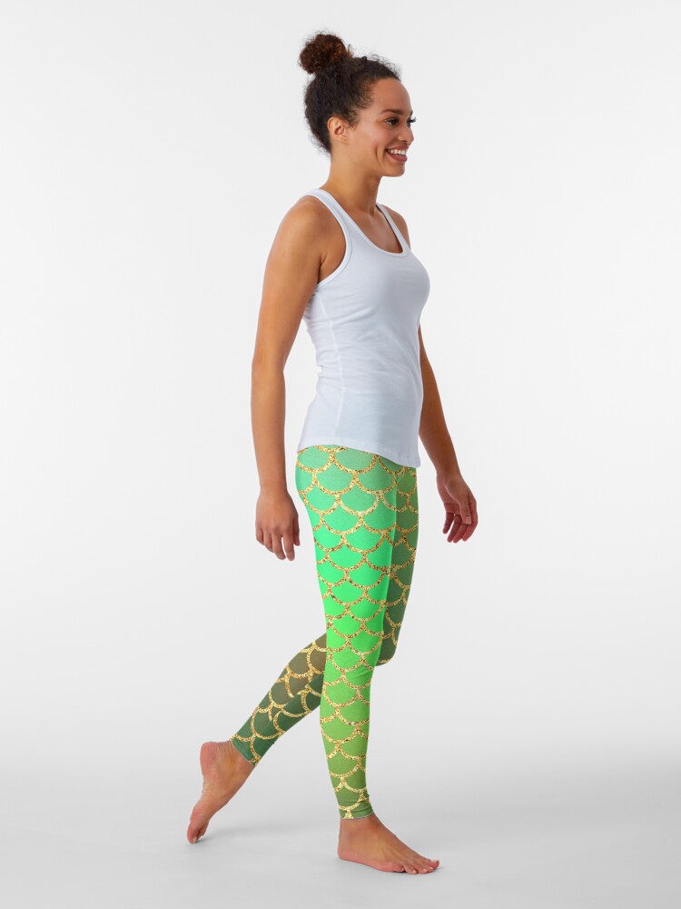 Disover Luxurious Greens and Gold Colors Mermaid Scale Pattern Leggings
