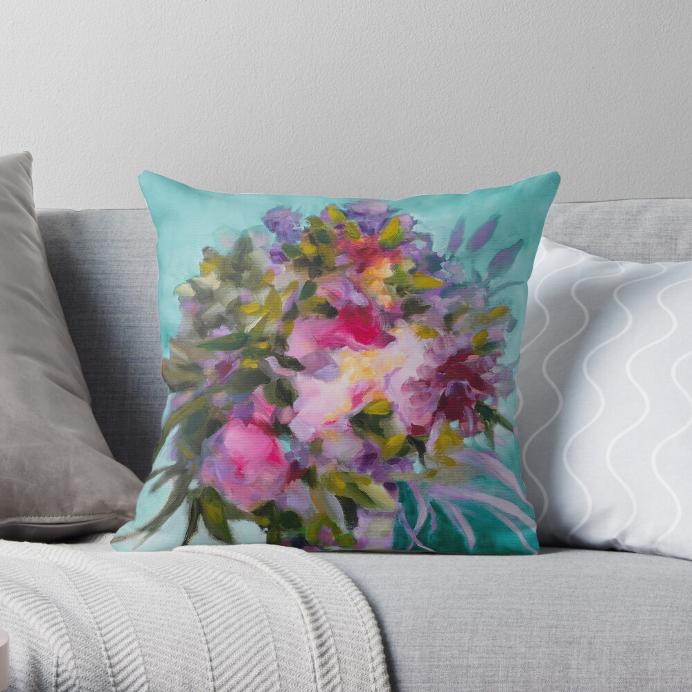 Coussin « Bouquet de fleurs sur fond turquoise»