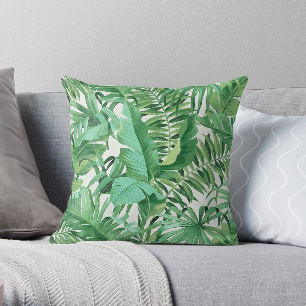 Green tropical leaves II Throw Pillow