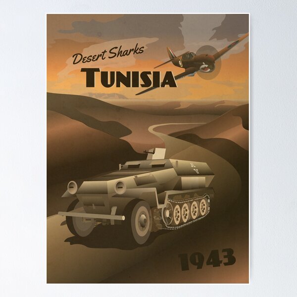 Aperçu de l'œuvre Tunisie 1943 - "Affiche de voyage sur les requins du désert" créée et vendue par The War Effort.