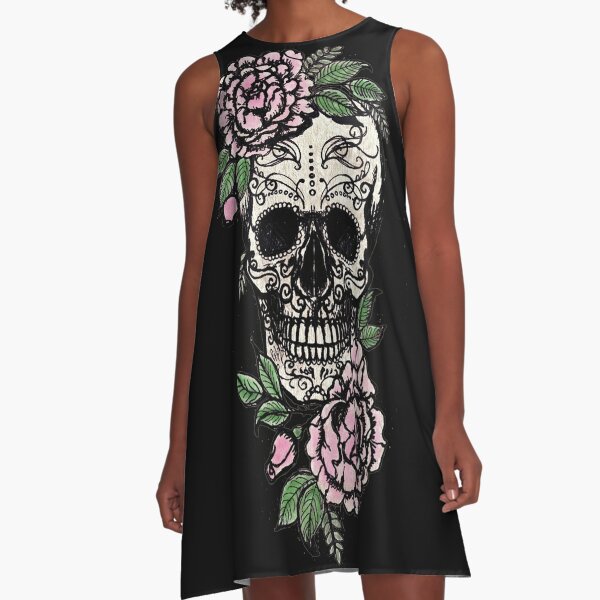 Mexican Skeleton Sugar Skull Rose All Over Print Alternative Long Vest Top