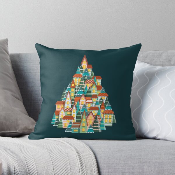 Christmas house and tree illustration Throw Pillow