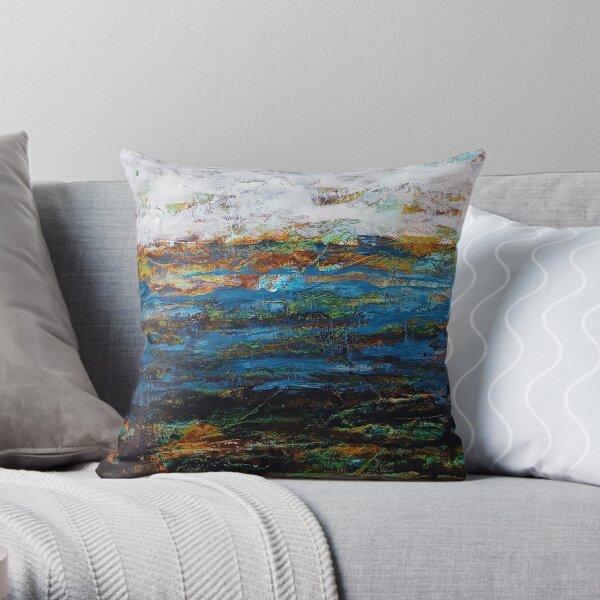 Paysage abstrait bleu, blanc, brun Coussin